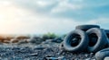 Environmental issues arising from dumped tires at landfill, emphasizing pollution and waste control challenges Royalty Free Stock Photo