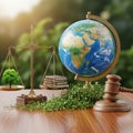 Environmental justice and global sustainability represented by scales of justice and a globe Royalty Free Stock Photo