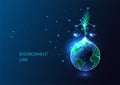 Environmental law concept with planet Earth, plant seedling and scales in futuristic style on blue