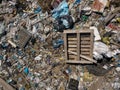 Environmental pollution. Aerial top view photo from flying drone of large garbage pile.