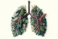 Environmental pollution concept. Human lungs made of representative nature elements such us tree branches, leaves and earth