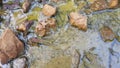 Environmental pollution, dirty water in a silt with stones and rubbish