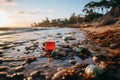 Environmental pollution. garbage washed ashore by the storm littering the seashore beach