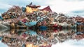 Environmental Pollution of the sea. A pile of junk, metal gabage and plastic in the ocean.