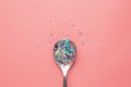 Environmental pollution and water microplastic. Micro plastic with spoon Royalty Free Stock Photo