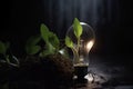 Environmental protection, energy sources. Plant growing in the bulb . Generation AI