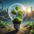 Environmental protection, renewable, sustainable energy source. Plant growing in a bulb concept. Earth day Royalty Free Stock Photo