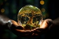 Environmental stewardship hand cradles glowing Earth globe and tree