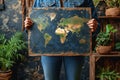 Environmentalist Holding World Map in Hands extreme closeup. Generatie AI