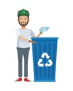 Environmentalist man recycling bottle in waste character