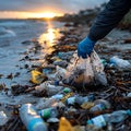 Environmentally conscious woman cleaning up trash on a sandy beach during a breathtaking sunset