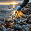 Environmentally conscious woman cleaning up trash on a sandy beach during a breathtaking sunset
