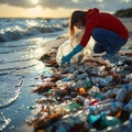 Environmentally conscious woman cleaning up trash on a sandy beach during a breathtaking sunset