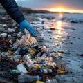 Environmentally conscious woman cleaning up trash on a sandy beach during a breathtaking sunset