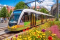 Environmentally Friendly Tram, Adorned with Flowers and Greenery Promoting Sustainable Urban Transportation. Generative Royalty Free Stock Photo
