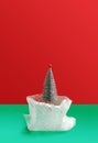 Environmentally issue inspired concept. Open plastic bubble wrap bag. Glitter silver artificial Christmas tree with red berries.
