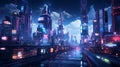 Envision a bustling cyberpunk cityscape at night,