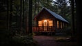A rustic weekend break with a shot of a cozy cabin nestled in the woods