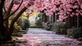 Envision a cherry blossom-lined path in a Japanese garden,