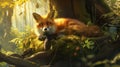 Envision a heartwarming scene as a cute red fox lounges in a cozy den nestled beneath the roots of an ancient tree