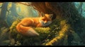 Envision a heartwarming scene as a cute red fox lounges in a cozy den nestled beneath the roots of an ancient tree