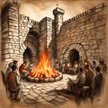 Envision a Lag BaOmer celebration in an ancient castle courtyard, bonfires ablaze, casting shadows on the aged stone walls