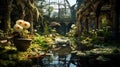 Envision an overgrown botanical garden in a post-apocalyptic world,