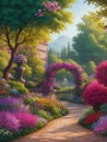 Envision a picturesque painting depicting a vibrant garden.