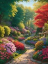 Envision a picturesque painting depicting a vibrant garden, where nature's colors come to life .