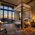 Envision a serene, luxury bedroom bathed in the warm glow of sunset light