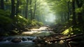 a sun-dappled forest with a babbling brook