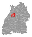 Enzkreis county red highlighted in map of Baden Wuerttemberg Germany Royalty Free Stock Photo