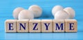 ENZYME - word on wooden cubes on a blue background with wooden round balls