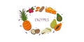 Enzymes-containing food. Groups of healthy products containing vitamins and minerals. Set of fruits, vegetables, meats