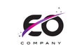 EO E O Black Letter Logo Design with Purple Magenta Swoosh