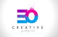 EO E O Letter Logo with Shattered Broken Blue Pink Texture Design Vector.
