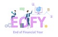 EOFY, End of Financial Year. Concept table with keywords, letters and icons. Colored flat vector illustration on white