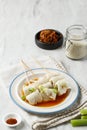 Eomukguk or Odeng Soup, Korean Popular Street Food Made from Fish Cake Eomuk and Spicy Gochujang Paste