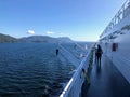 Eople admiring the beautiful blue ocean along the BC ferries inside passage route on the British Columbia coast , Canada.