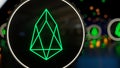 Eos cryptocurrency sign on abstract neon background. Blockchain token 3d render