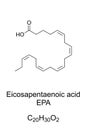 Eicosapentaenoic acid, EPA, polyunsaturated omega-3 fatty acid, chemical formula Royalty Free Stock Photo