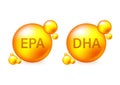 EPA, DHA Vector Drops Set. Chemical formula .Shining golden substance drop.