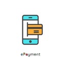 EPayment and Electronic Payment Mobile Device with Card Internet Shopping. Vector Simple Icon