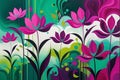 Ephemeral Blooms: Abstract Painting of Amorphous Flowers Blending with a Vibrant Background, Swirls of Magenta and Emerald