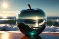 Ephemeral Fusion: Glass Apple with Shadowy Sphere Cast upon Tumultuous Ocean Waves