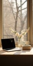 Ephemeral Installations: Laptop Computer On Desk With Cherry Blossoms Royalty Free Stock Photo