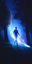 Ephemeral Light Zooming Past Man Walking in Forest