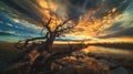 Ephemeral Sunset: The Embrace of an Ancient Oak Royalty Free Stock Photo