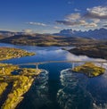 Epic aerial landscape from beautiful northern Norway with bridge over whirlpools