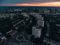 Epic aerial sunset in city residential district